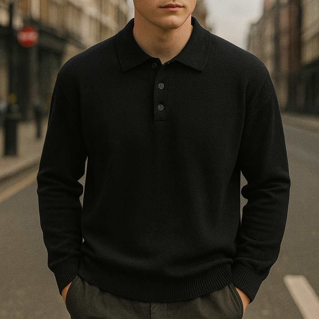 Long-sleeve knit polo sweater with a buttoned collar.