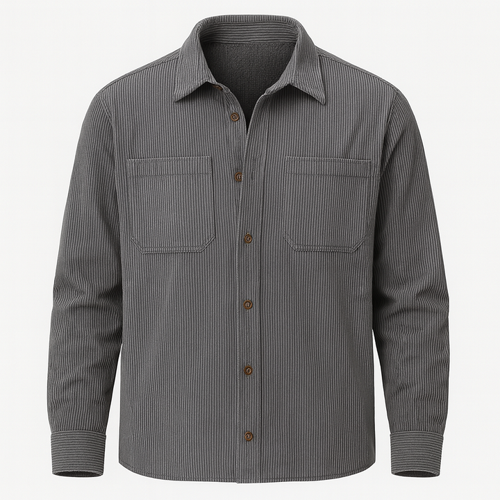 Men’s button-up shirt with vertical stripes, chest patch pockets, and long sleeves.