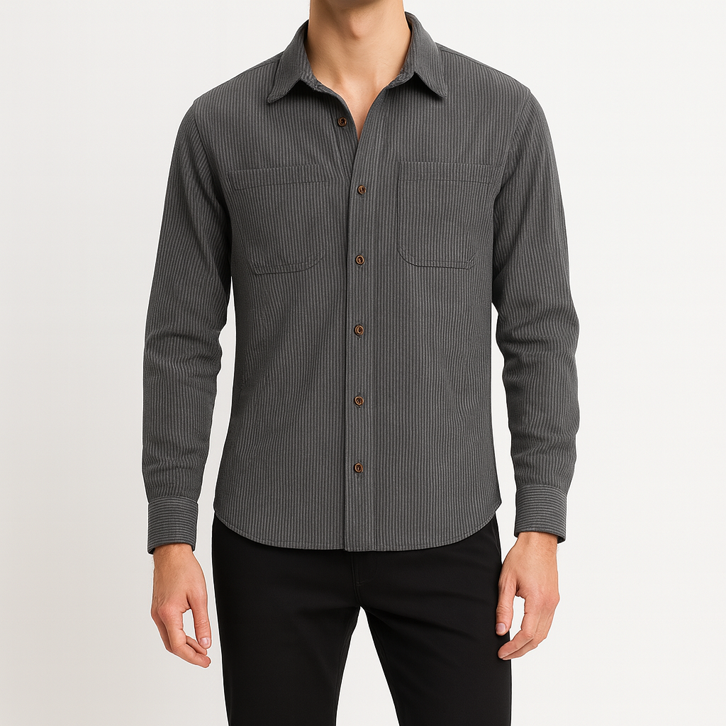 Men’s button-up shirt with vertical stripes, chest patch pockets, and long sleeves.