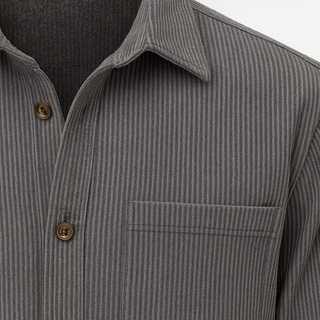 Men’s button-up shirt with vertical stripes, chest patch pockets, and long sleeves.