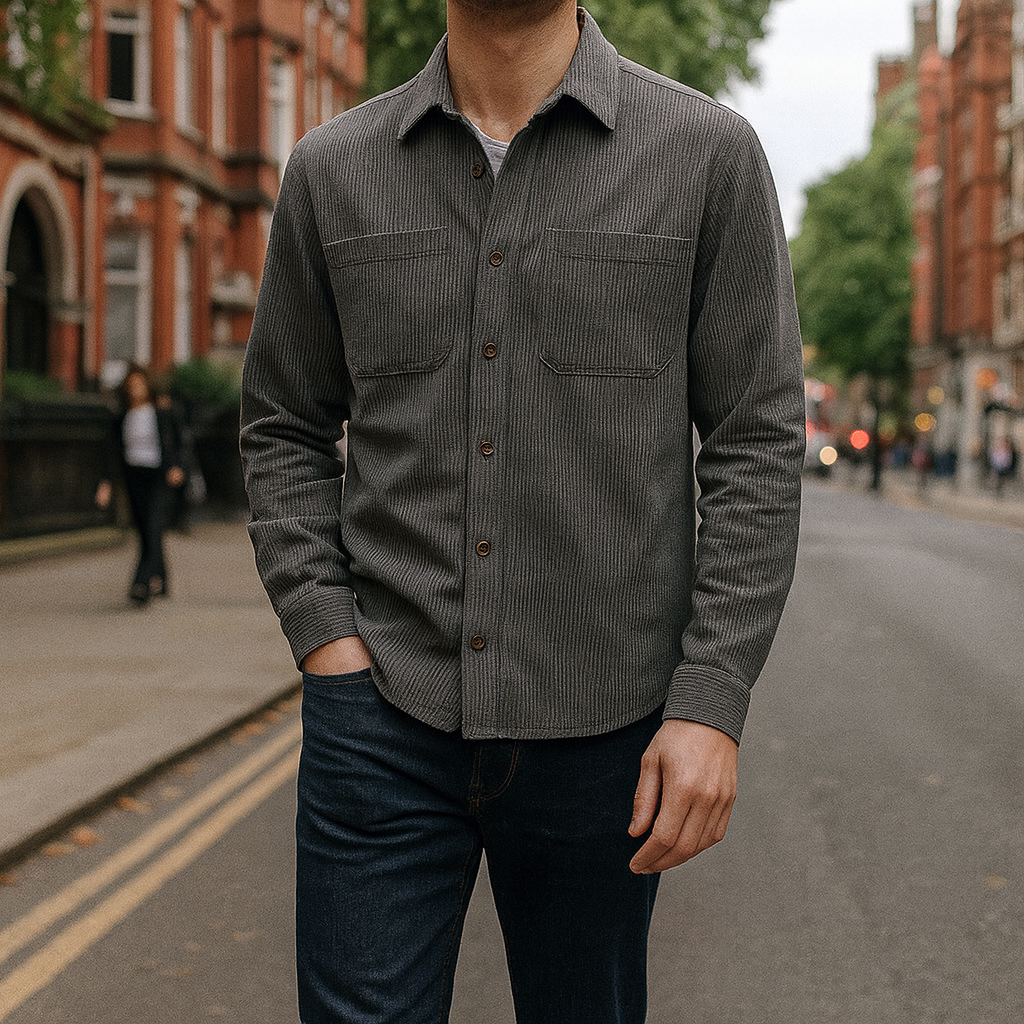 Men’s button-up shirt with vertical stripes, chest patch pockets, and long sleeves.