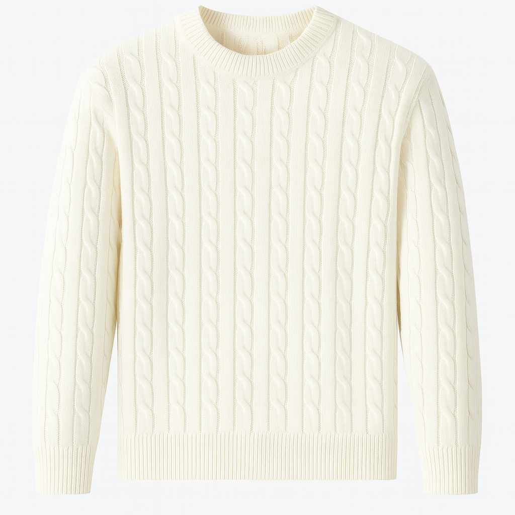 Cable-knit crewneck sweater.