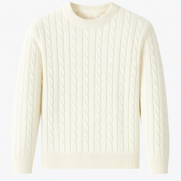 Cable-knit crewneck sweater.