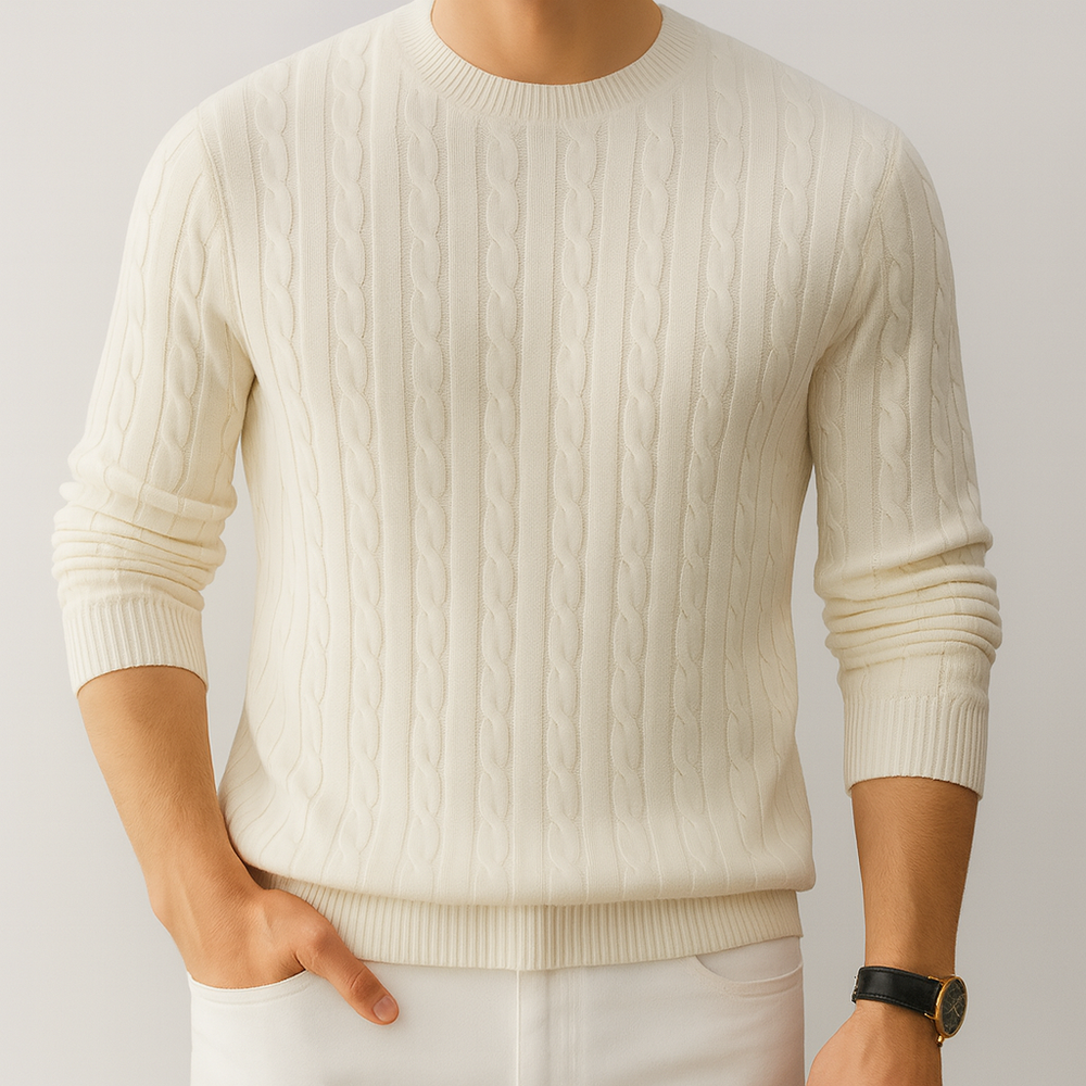 Cable-knit crewneck sweater.