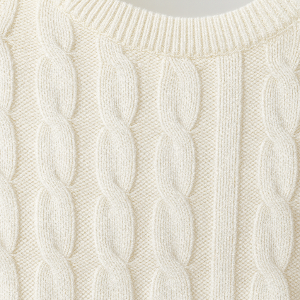 Cable-knit crewneck sweater.