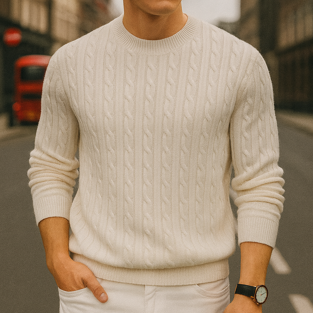 Cable-knit crewneck sweater.