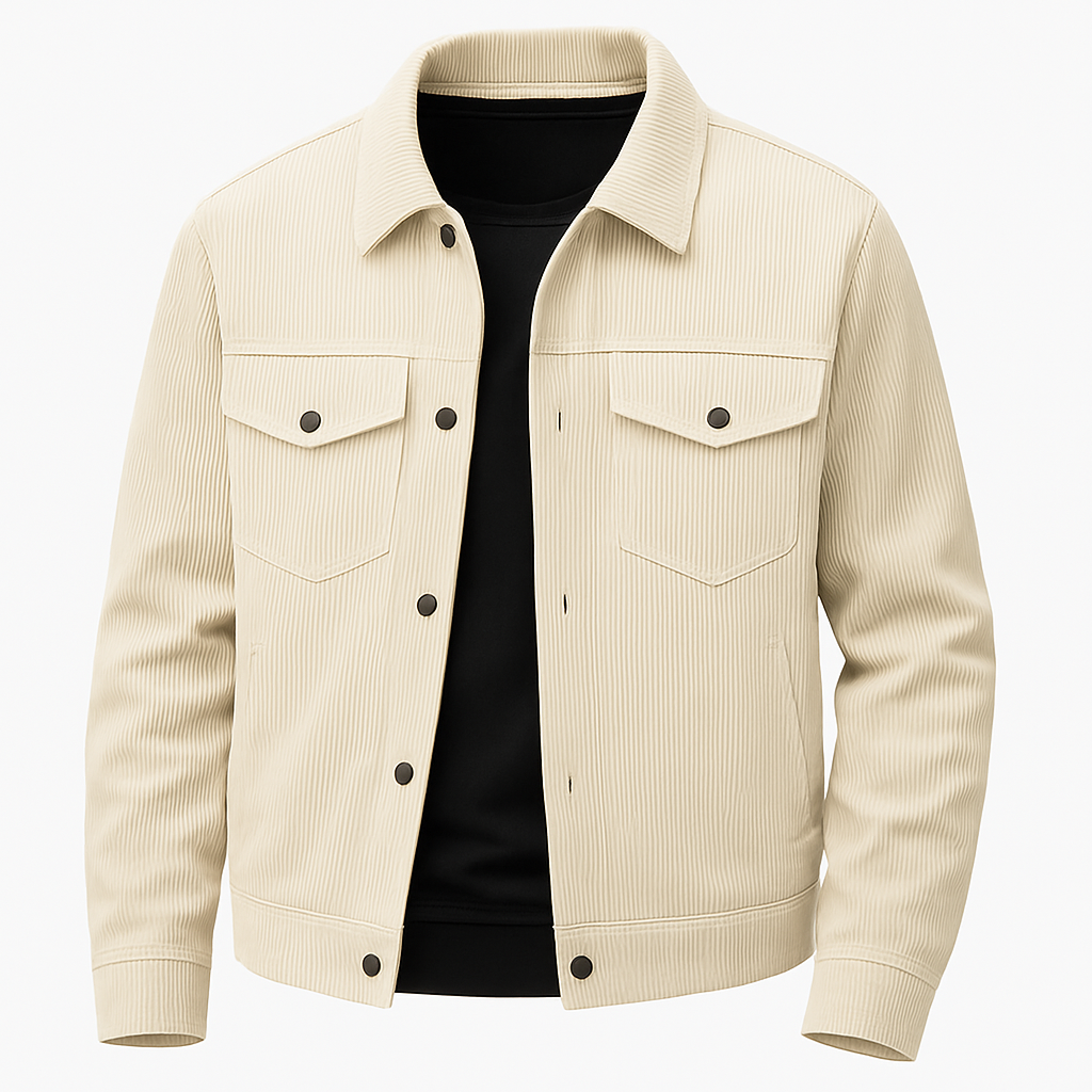 Men’s corduroy jacket with button-up front, chest flap pockets, and side pockets.