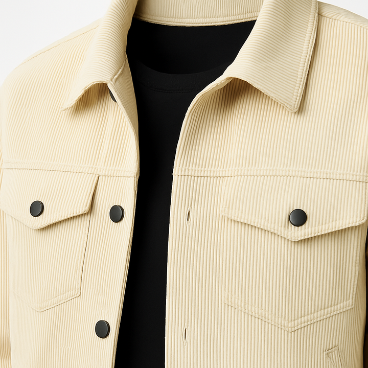 Men’s corduroy jacket with button-up front, chest flap pockets, and side pockets.