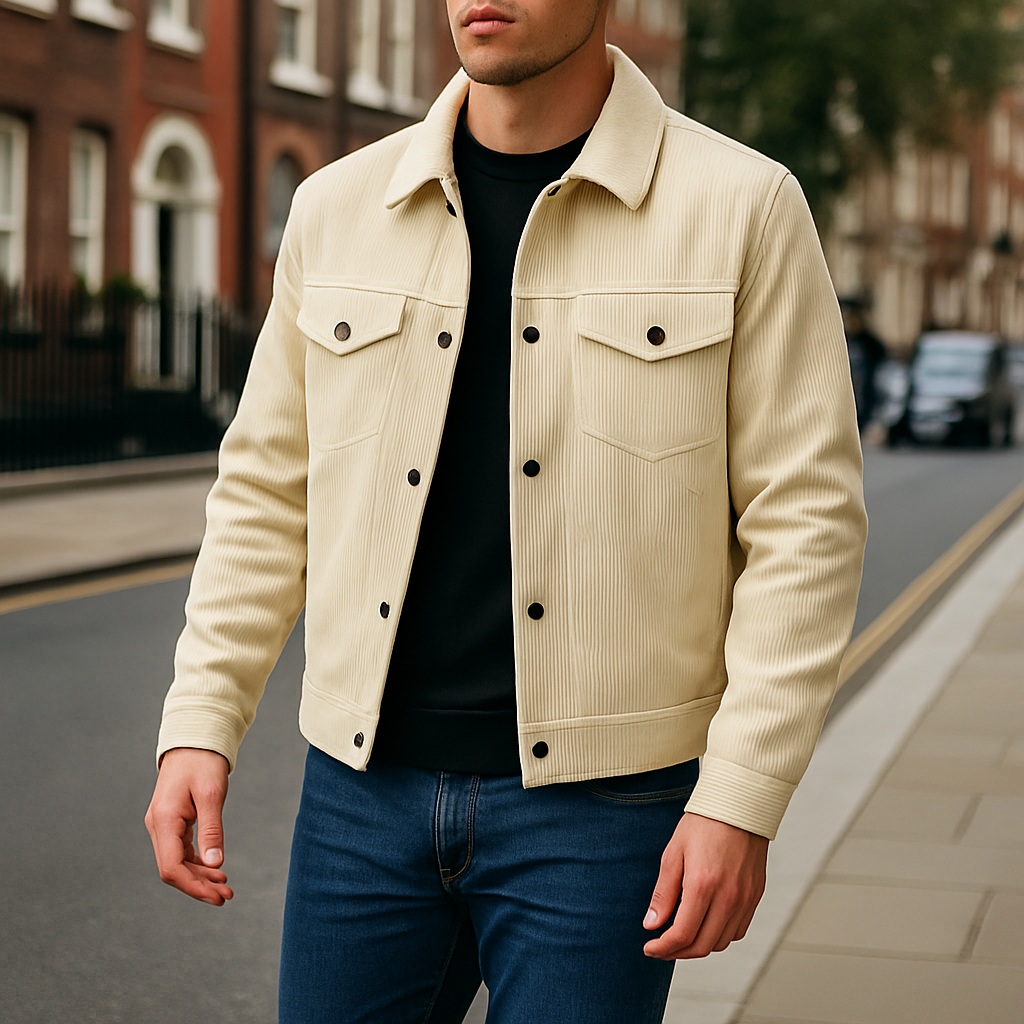 Men’s corduroy jacket with button-up front, chest flap pockets, and side pockets.