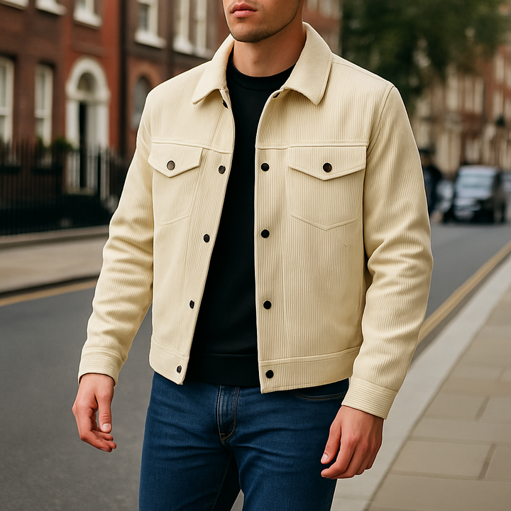 Men’s corduroy jacket with button-up front, chest flap pockets, and side pockets.