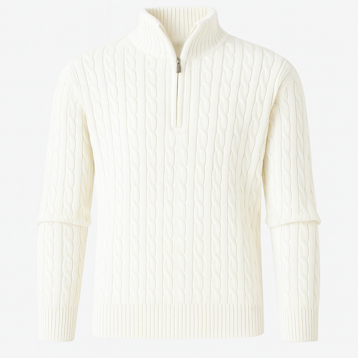 Cable-knit sweater with a half-zip stand collar.