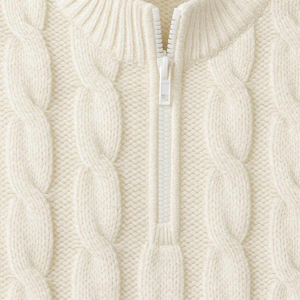 Cable-knit sweater with a half-zip stand collar.