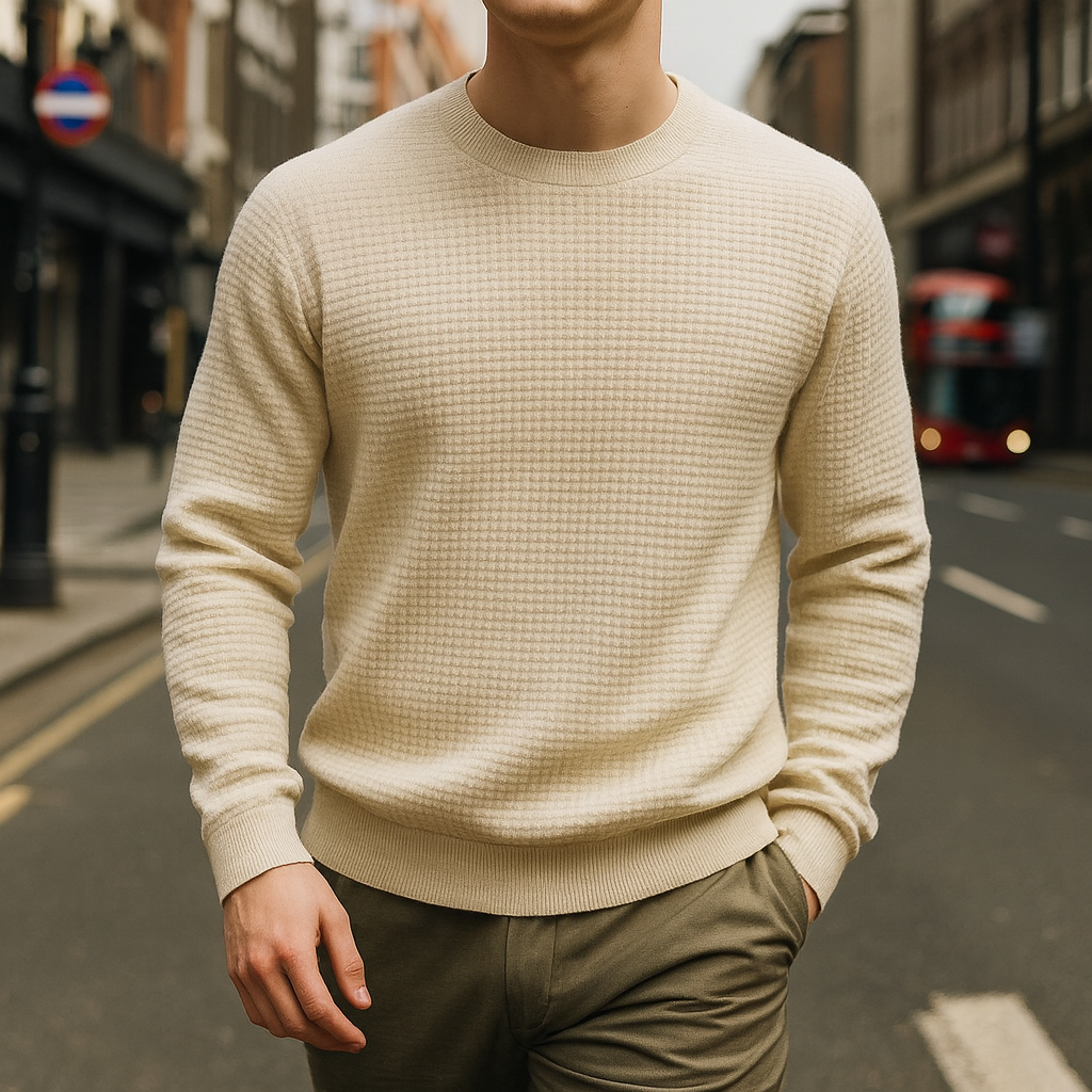 Long-sleeve textured knit sweater.