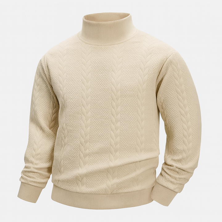 Textured cable-pattern mock-neck sweater.