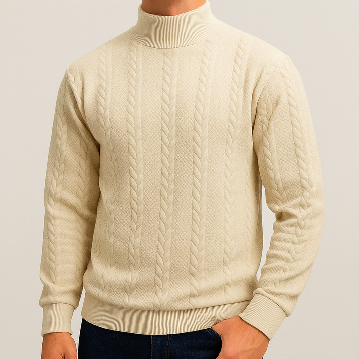 Textured cable-pattern mock-neck sweater.