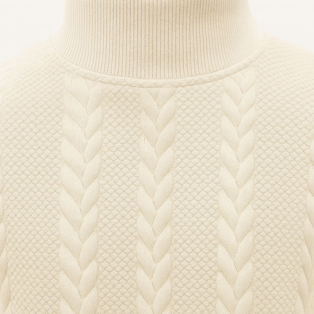Textured cable-pattern mock-neck sweater.