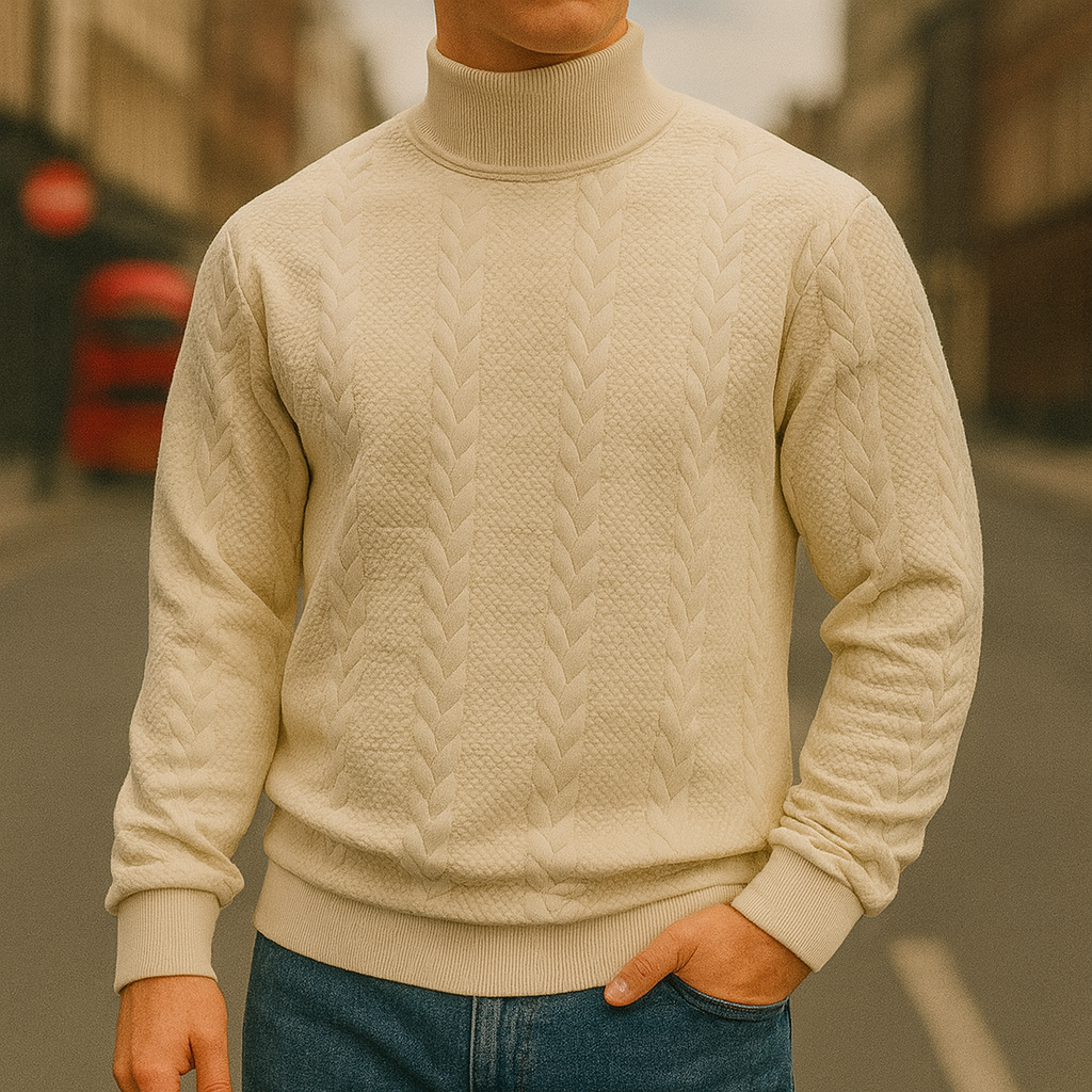 Textured cable-pattern mock-neck sweater.