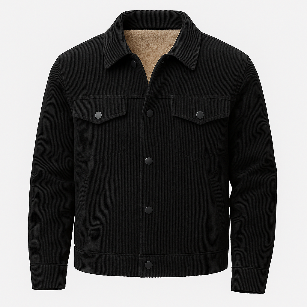 Men’s corduroy jacket with snap-button front, chest flap pockets, and lined interior.