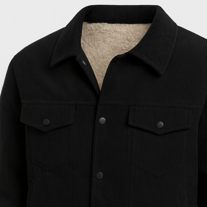 Men’s corduroy jacket with snap-button front, chest flap pockets, and lined interior.