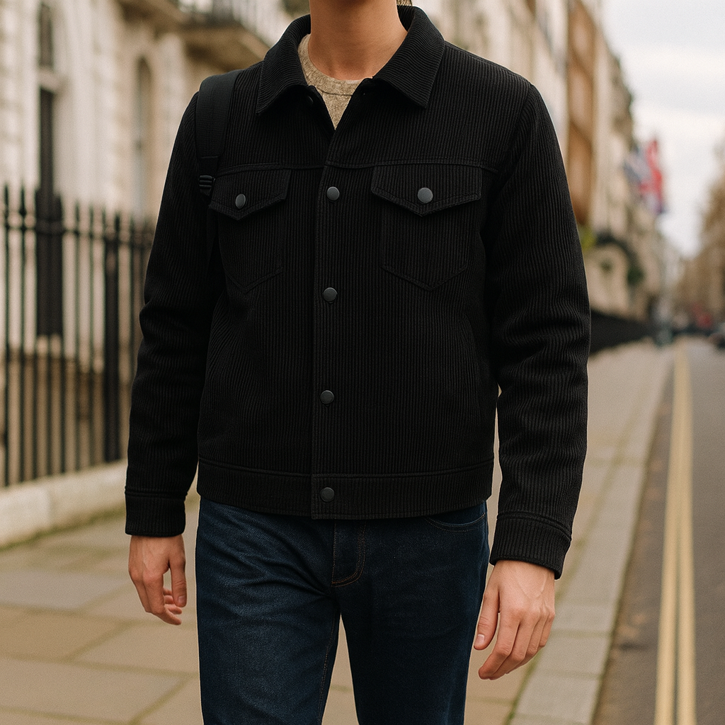 Men’s corduroy jacket with snap-button front, chest flap pockets, and lined interior.