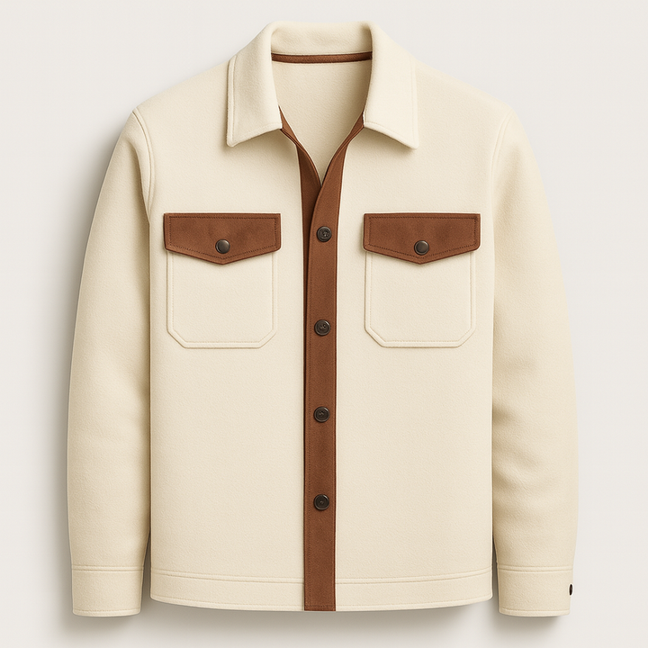 Men’s jacket with button-up front, dual chest flap pockets, and contrasting trim details.