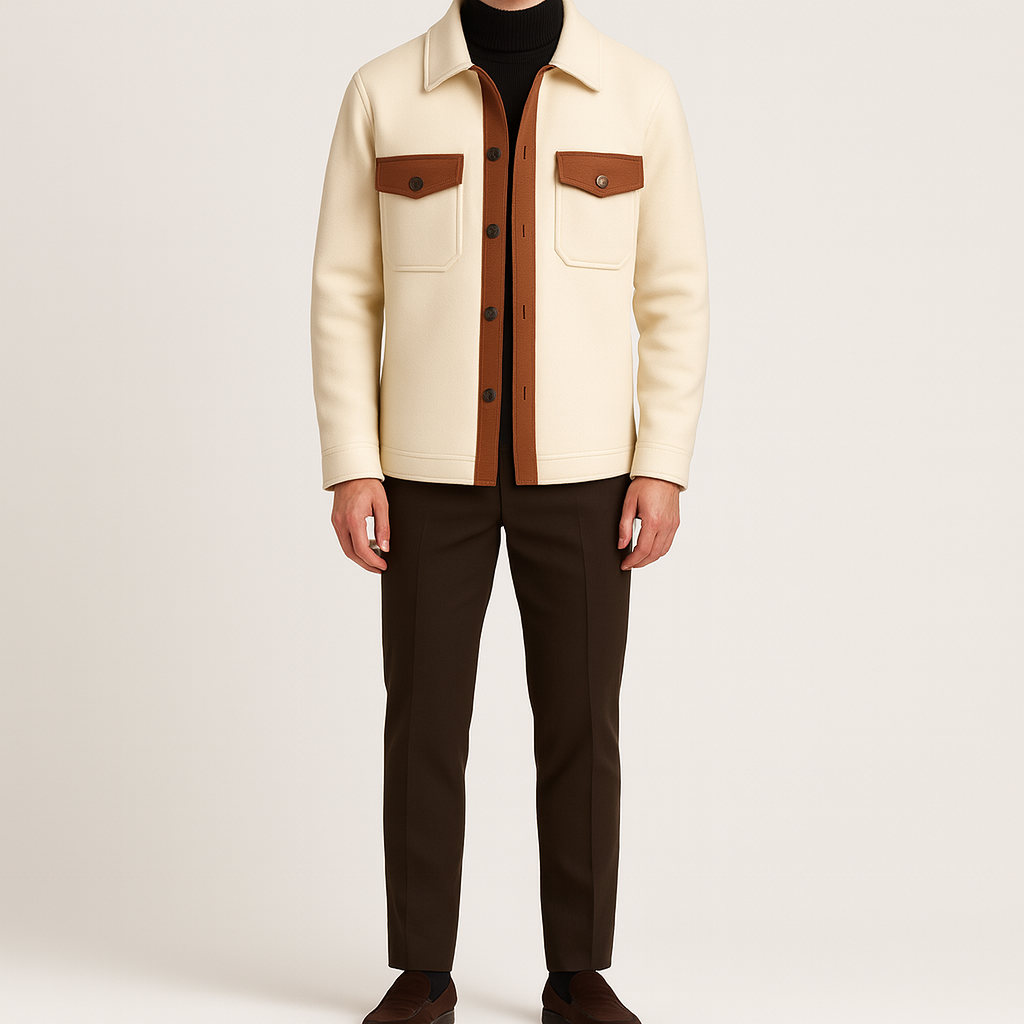 Men’s jacket with button-up front, dual chest flap pockets, and contrasting trim details.