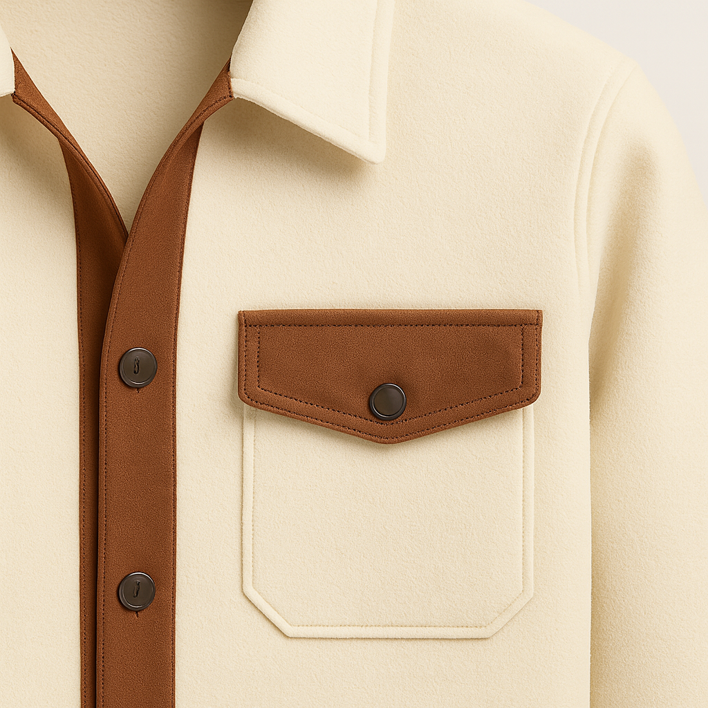 Men’s jacket with button-up front, dual chest flap pockets, and contrasting trim details.