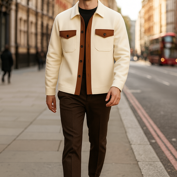 Men’s jacket with button-up front, dual chest flap pockets, and contrasting trim details.